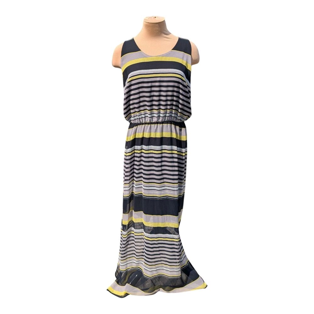 Bali Striped Maxi Dress Sleeveless Black Gray Yellow Elastic Waist Size 8 Whimsy